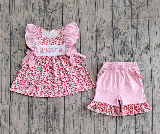 GSSO3131 Preorder Sample Embroidery Mama's Girls Flowers Tunic Pockets Ruffle Shorts Clothes Set