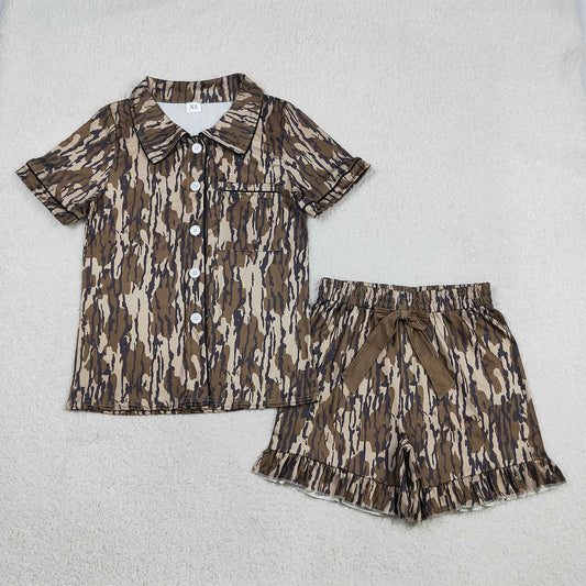 Adult Women Girl Southern Camo Button Pocket Top Ruffle Shorts Pajamas Set GSSO3136