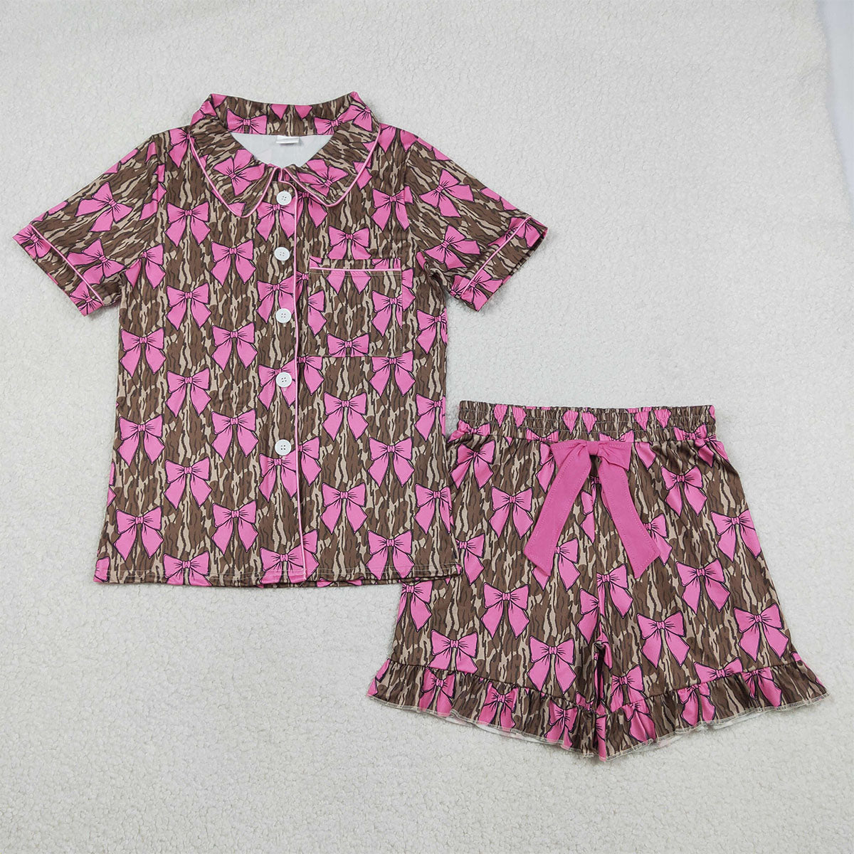 Adult Women Girl Southern Olive Camo Bows Button Pocket Top Ruffle Shorts Pajamas Set GSSO3137