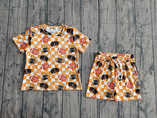 GSSO3161 Preorder Sample Baby Girl Football Dogs Orange Checked Top Shorts Team Clothes Sets