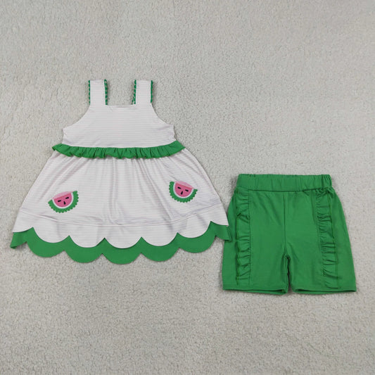 GSSO3164 Embroidery Watermelons Baby Girl Strap Stripe Tunic Ruffle Short Clothes Sets