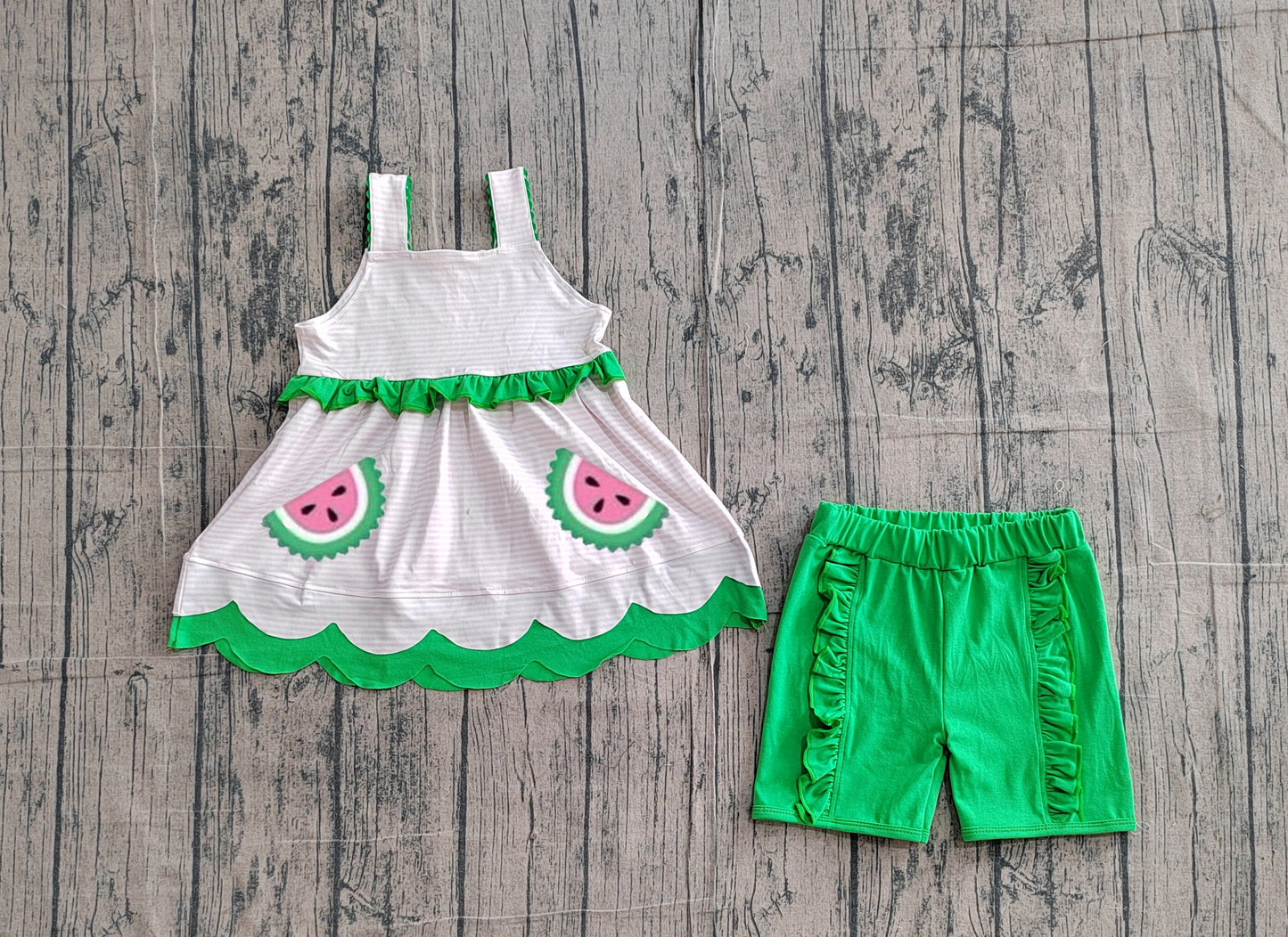 GSSO3164 Preorder Sample Embroidery Watermelons Baby Girl Strap Stripe Tunic Ruffle Short Clothes Sets