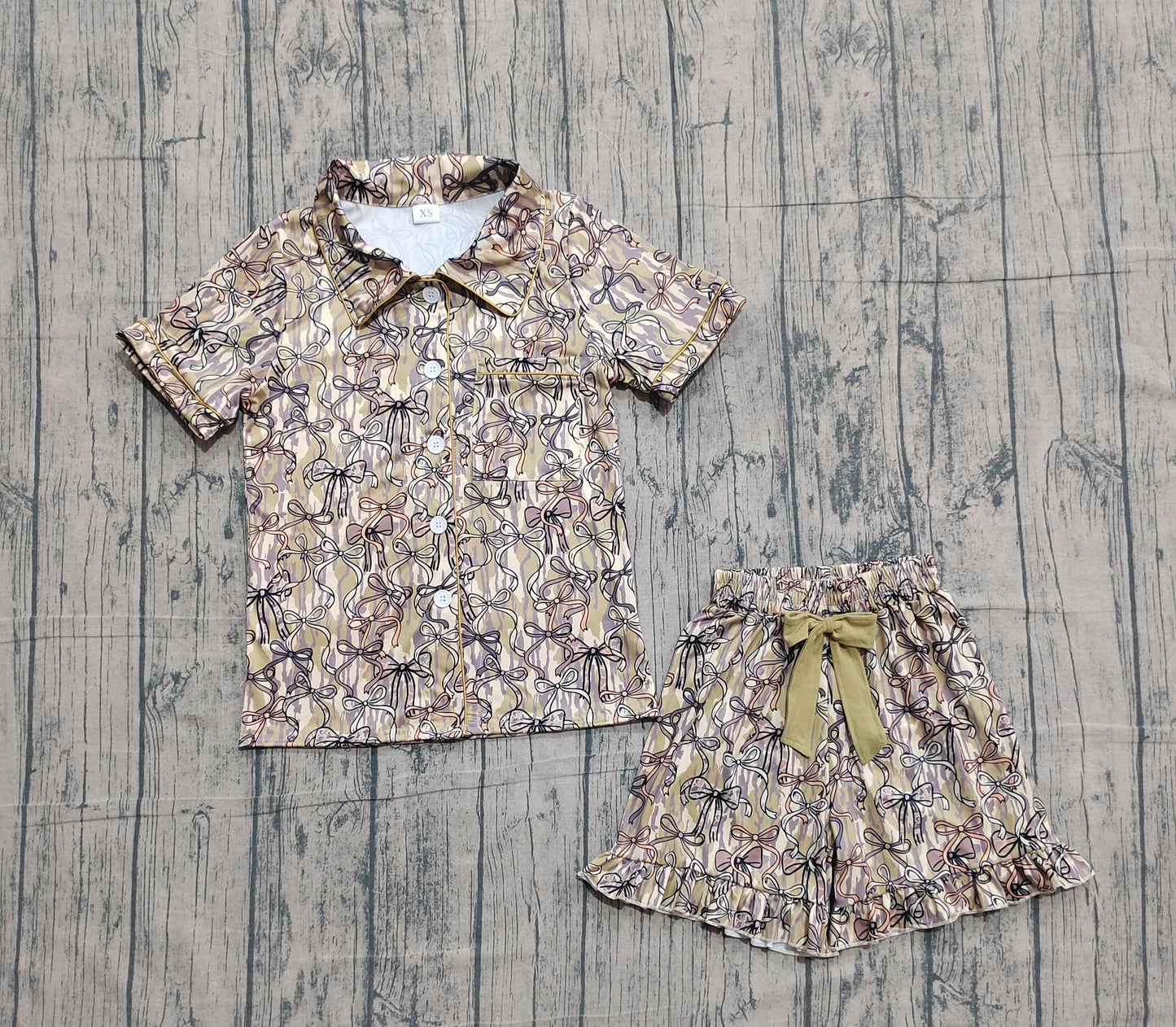 Pre-order no moq GSSO3166 adult clothes pajamas summer camouflage bow short sleeve shorts set-26.1.19