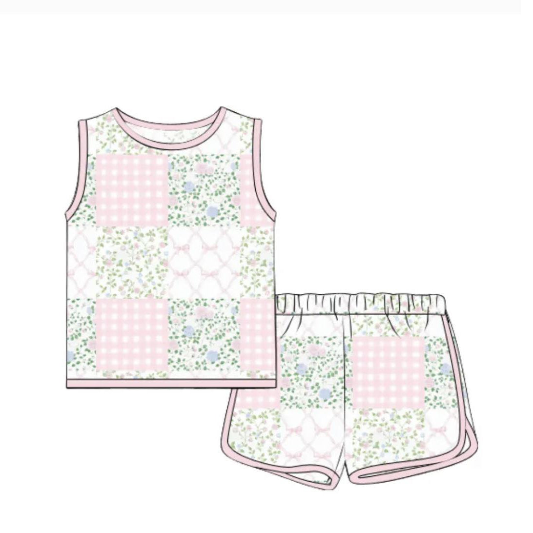 Pre-order no moq GSSO3168 pre-order baby girl clothes bow floral sleeveless shorts summer outfit-26.1.12