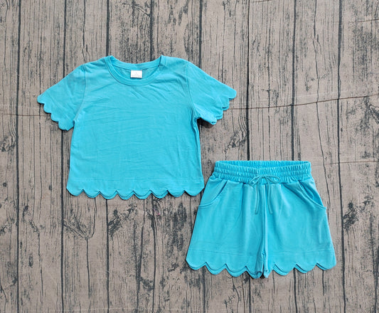 Pre-order no moq GSSO3180 pre-order baby girl clothes blue and green short sleeve shorts summer outfit-26.1.22