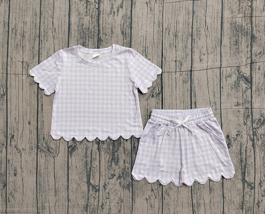 Pre-order no moq GSSO3181 pre-order baby girl clothes purple plaid short sleeve shorts summer outfit-26.1.22