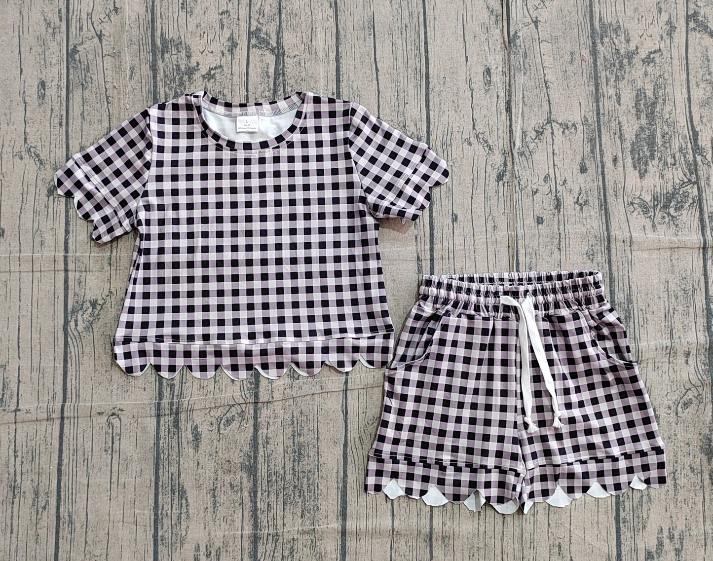 GSSO3182 Preorder Sample Baby Girl Short Sleeve Black Checked Shirts Top Scallop Shorts Clothes Sets