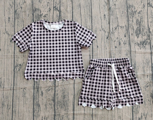 GSSO3182 Preorder Sample Baby Girl Short Sleeve Black Checked Shirts Top Scallop Shorts Clothes Sets