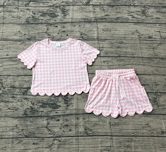Pre-order no moq GSSO3183 pre-order baby girl clothes pink plaid short sleeve shorts summer outfit-26.1.24