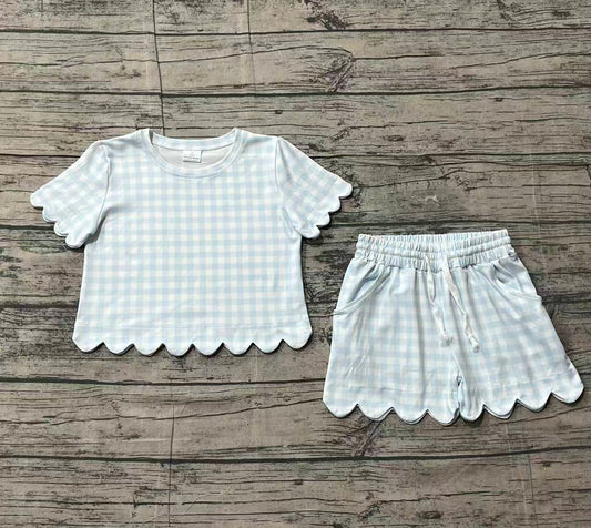 Pre-order no moq GSSO3184 pre-order baby girl clothes blue plaid short sleeve shorts summer outfit-26.1.25