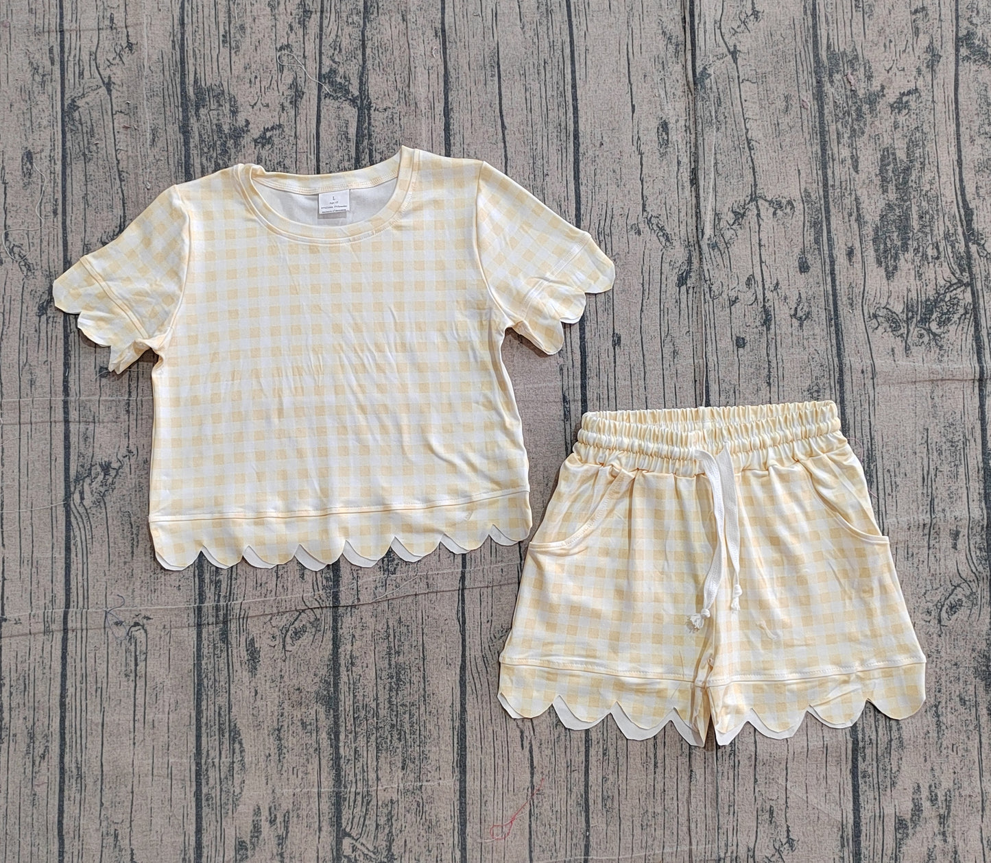 GSSO3185 Preorder Sample Baby Girl Short Sleeve Yellow Checked Shirts Top Scallop Shorts Clothes Sets