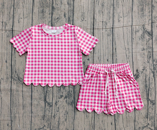 Pre-order no moq GSSO3186 pre-order baby girl clothes pink plaid short sleeve shorts summer outfit-26.1.22