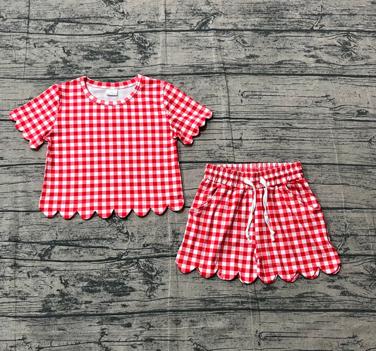 Pre-order no moq GSSO3187 pre-order baby girl clothes red plaid short sleeve shorts summer outfit-26.1.24