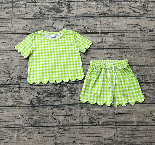 Pre-order no moq GSSO3189 pre-order baby girl clothes green plaid short sleeve shorts summer outfit-26.1.24