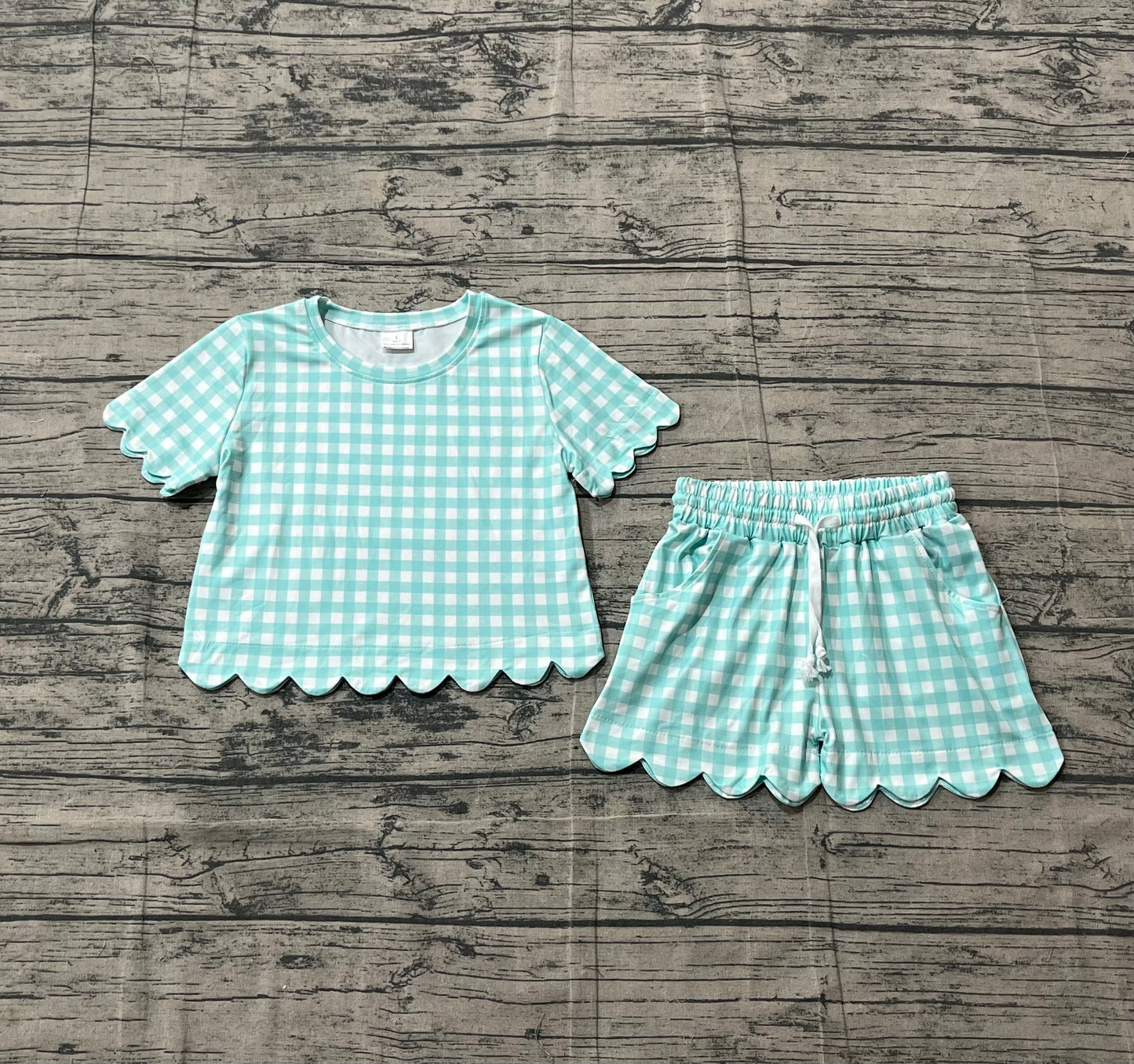 Pre-order no moq GSSO3190 pre-order baby girl clothes blue plaid short sleeve shorts summer outfit-26.1.24