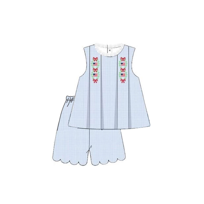 Pre-order no moq GSSO3195 pre-order baby girl clothes summer flag bow blue sleeveless shorts sets-26.1.14