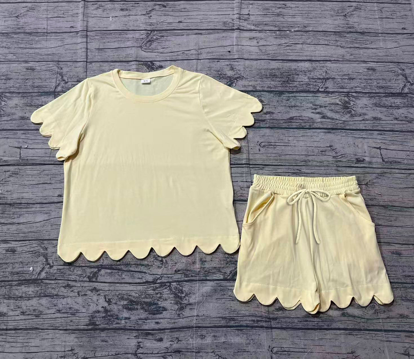 Pre-order no moq GSSO3203 adult clothes summer yellow short sleeve shorts set-26.1.25