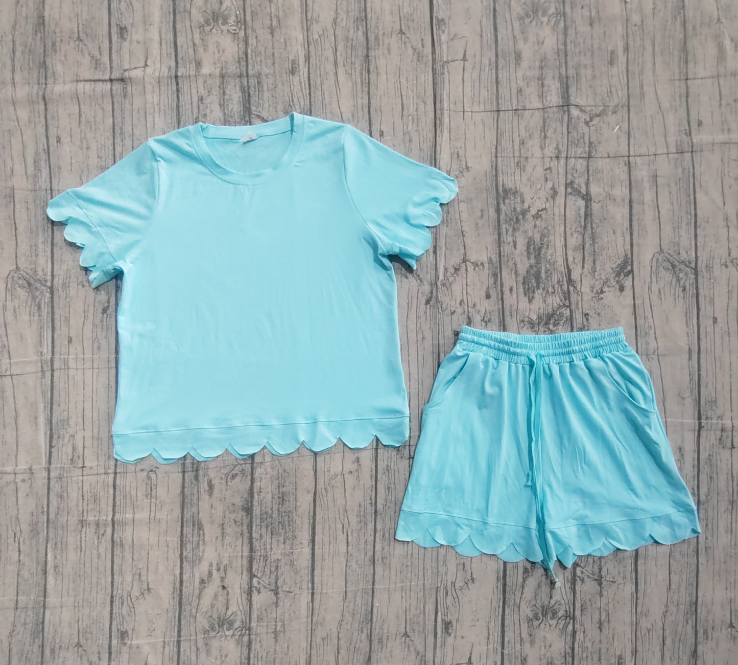 GSSO3208 Preorder Sample Adult Women Blue Shorts Sleeve Shirts Top Scallop Short Clothes Sets