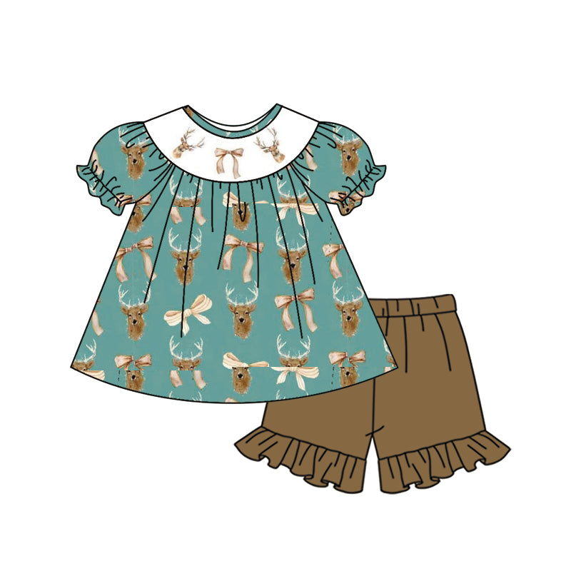 Pre-order no moq GSSO3212 pre-order baby girl clothes deer bow short sleeve shorts summer outfit-26.1.15
