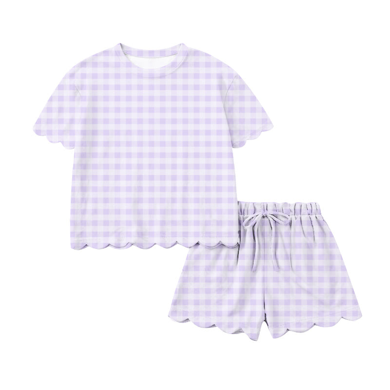 Pre-order no moq GSSO3214 adult clothes summer purple plaid short sleeve shorts set-26.1.16