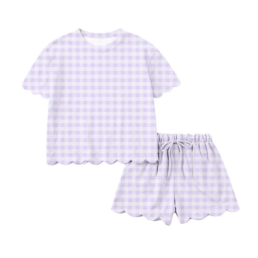 Pre-order no moq GSSO3214 adult clothes summer purple plaid short sleeve shorts set-26.1.16