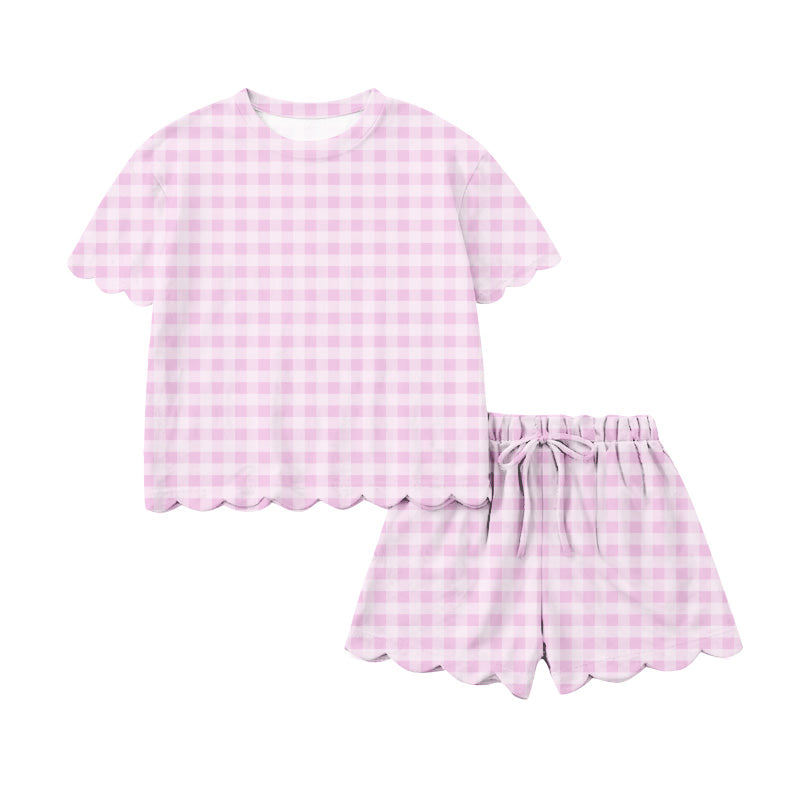 Pre-order no moq GSSO3216 adult clothes summer pink plaid short sleeve shorts set-26.1.16