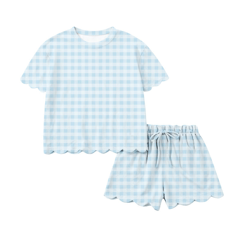 Pre-order no moq GSSO3217 adult clothes summer plaid short sleeve shorts set-26.1.16