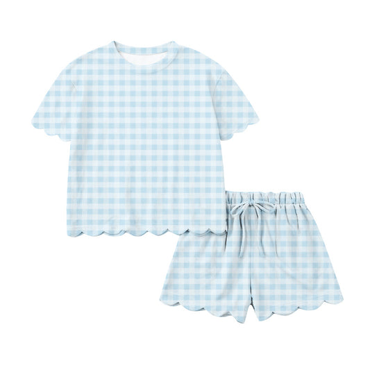 Pre-order no moq GSSO3217 adult clothes summer plaid short sleeve shorts set-26.1.16