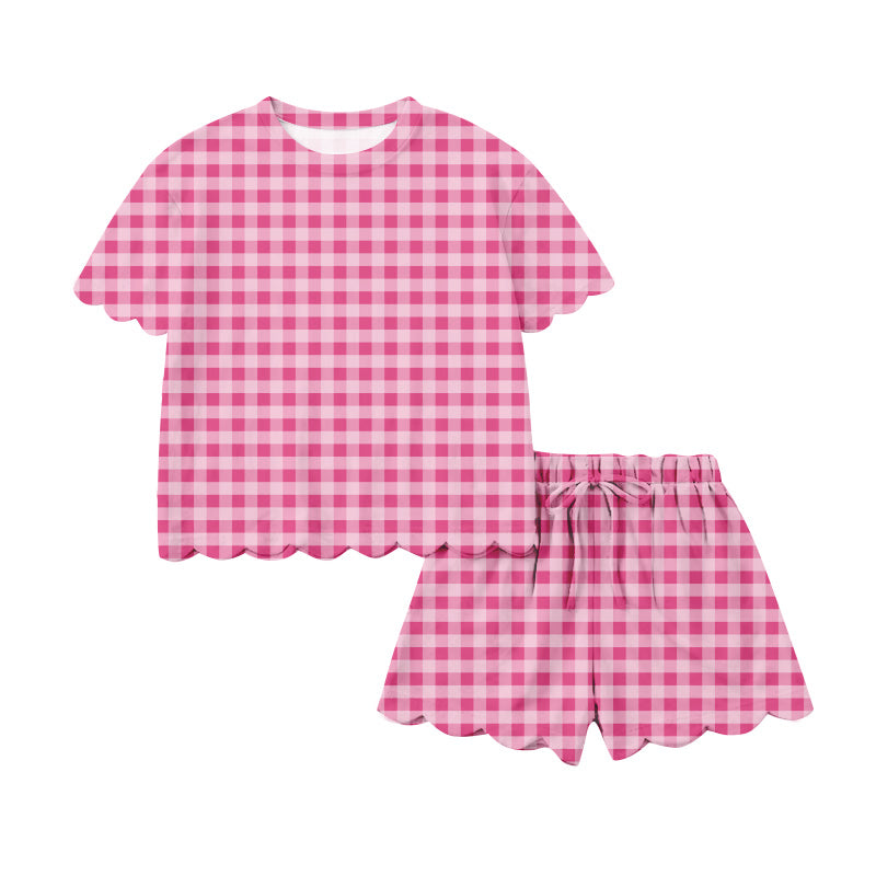 Pre-order no moq GSSO3219 adult clothes summer plaid short sleeve shorts set-26.1.16