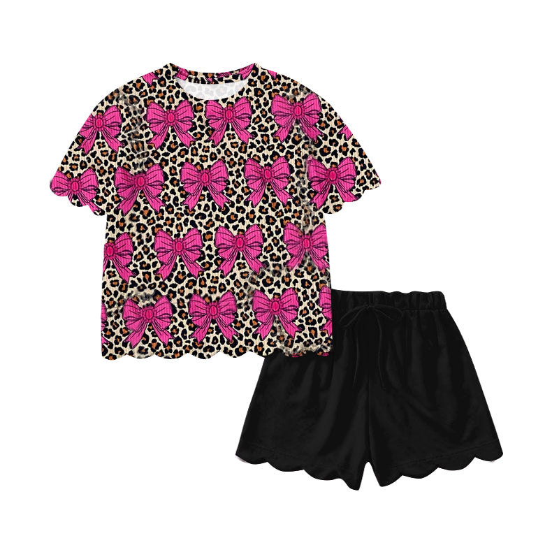 Pre-order no moq GSSO3237 pre-order scallop baby girl clothes leopard bow short sleeve shorts summer outfit-26.1.19