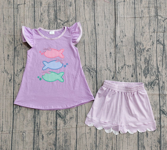 GSSO3242 Baby Girl Embroidery Fishes Tunic Scallop Stripe Shorts Hunting Clothes Sets