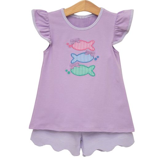Pre-order no moq GSSO3242 pre-order baby girl clothes fish purple flying sleeve shorts summer outfit-26.1.19