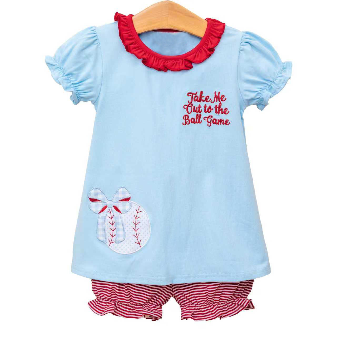 Pre-order no moq GSSO3245 pre-order baby girl clothes baseball bow blue short sleeve shorts summer outfit-26.1.19
