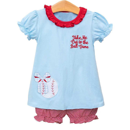 Pre-order no moq GSSO3245 pre-order baby girl clothes baseball bow blue short sleeve shorts summer outfit-26.1.19