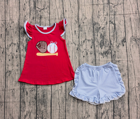 GSSO3246 Preorder IRL Baby Girl Embroidery Baseballs Tunic Stripe Ruffle Shorts Team Clothes Sets