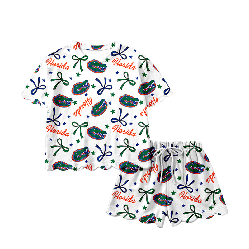 Pre-order no moq GSSO3249 pre-order scallop baby girl clothes team bow short sleeve shorts summer outfit-26.1.20