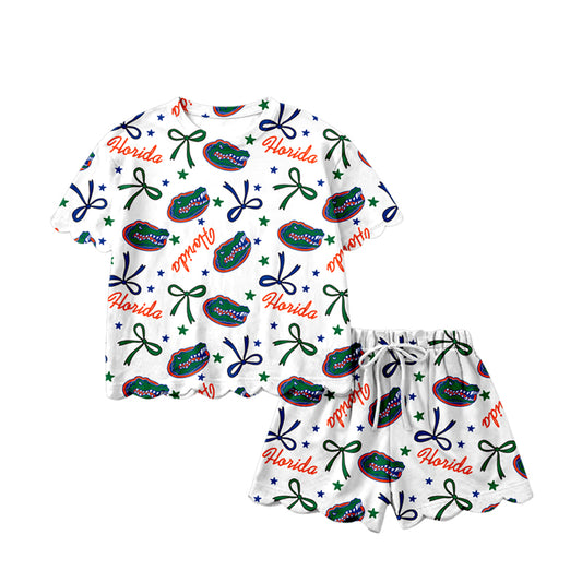 Pre-order no moq GSSO3249 pre-order scallop baby girl clothes team bow short sleeve shorts summer outfit-26.1.20