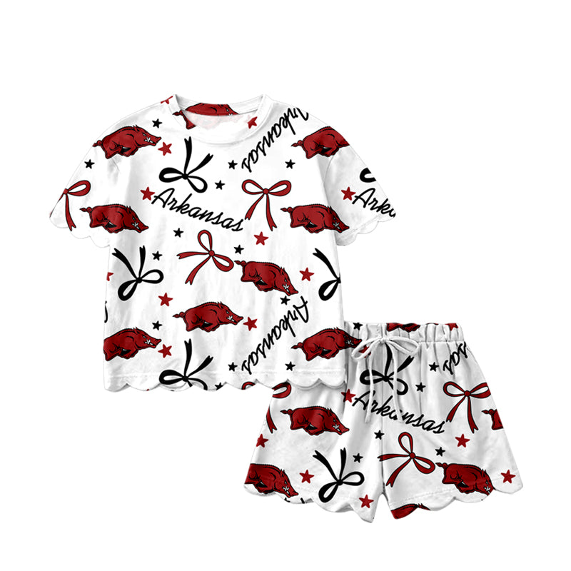 Pre-order no moq GSSO3254 pre-order scallop baby girl clothes team bow short sleeve shorts summer outfit-26.1.20