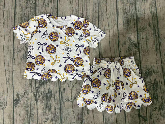 GSSO3256 Preorder Sample Baby Girl Star Bows LSU Tiger Top Scallop Shorts Team Clothes Sets