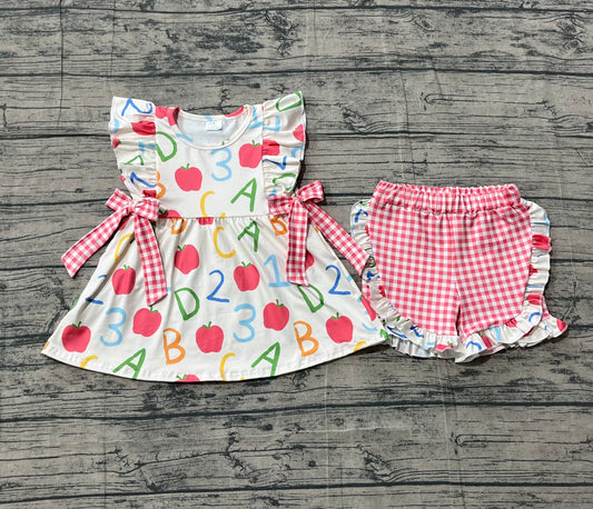 GSSO3258 Preorder Sample Baby Girl Apples ABC Tunic Checked Ruffle Shorts Back to School Sets
