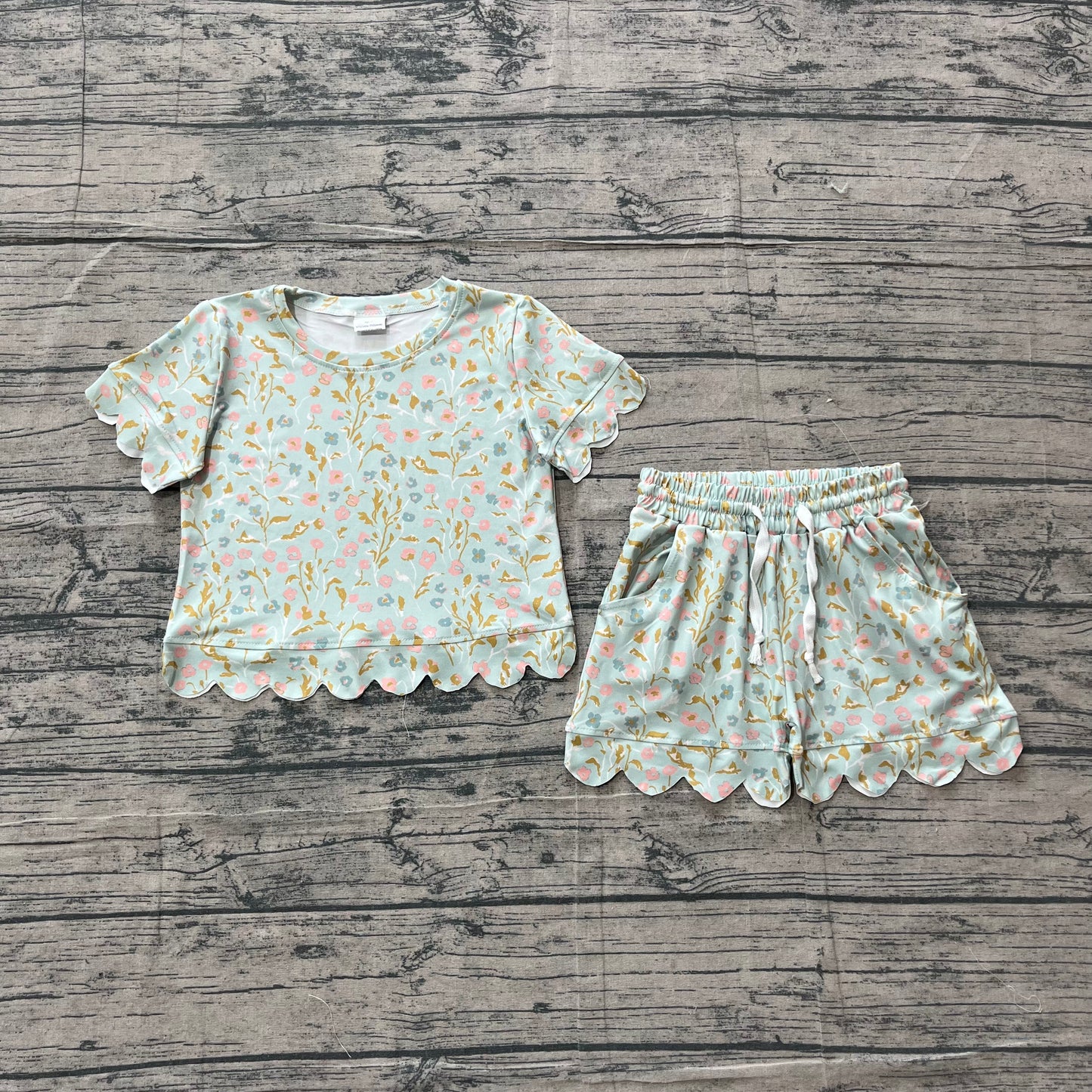 GSSO3266 Preorder Sample Baby Girl Short Sleeve Colorful Flowers Top Scallop Shorts Clothes Sets
