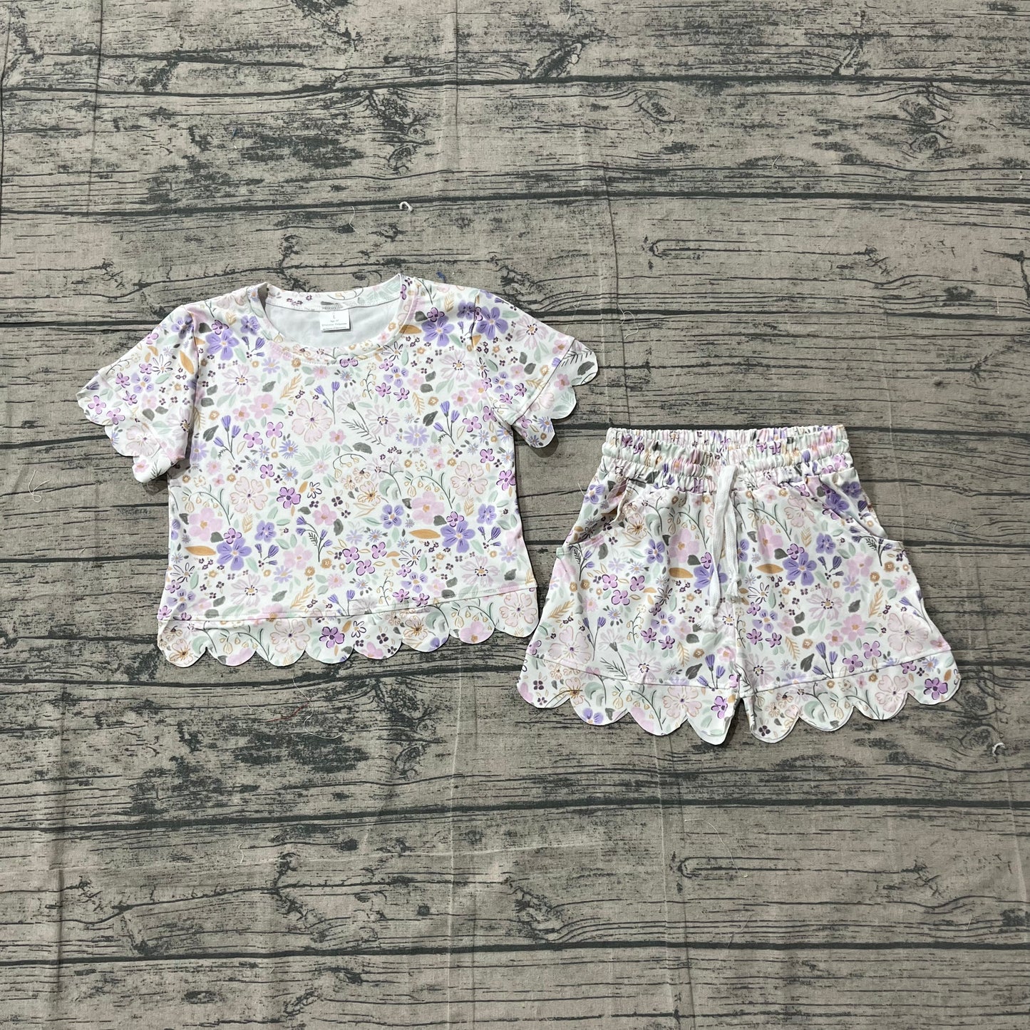 GSSO3267 Preorder Sample Baby Girl Short Sleeve Colorful Flowers Top Scallop Shorts Clothes Sets