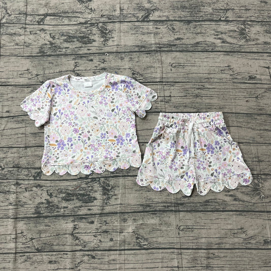 GSSO3267 Preorder Sample Baby Girl Short Sleeve Colorful Flowers Top Scallop Shorts Clothes Sets