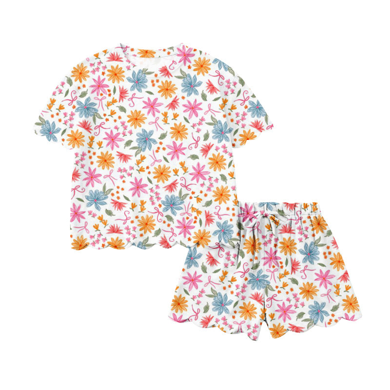 Pre-order no moq GSSO3269 pre-order scallop baby girl clothes floral bow short sleeve shorts summer outfit-26.1.21