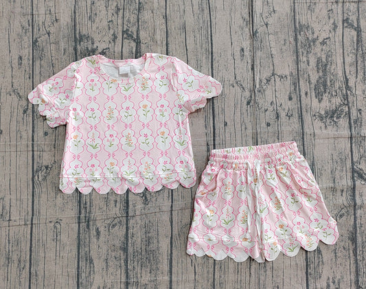 GSSO3271 Preorder Sample Baby Girl Short Sleeve Pink Flowers Checked Top Scallop Shorts Clothes Sets