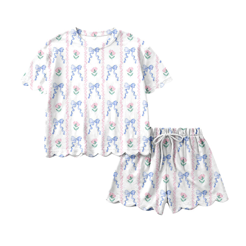 Pre-order no moq GSSO3272 pre-order scallop baby girl clothes floral bow short sleeve shorts summer outfit-26.1.21