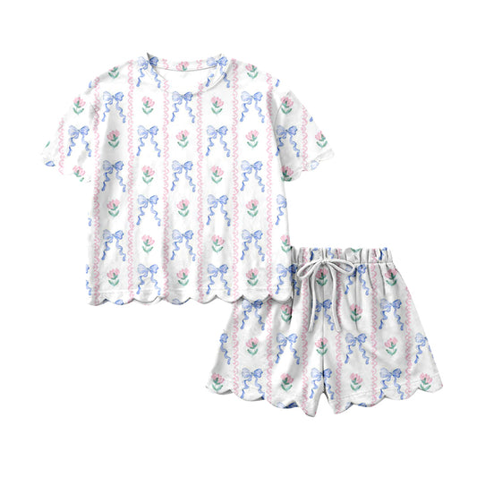 Pre-order no moq GSSO3272 pre-order scallop baby girl clothes floral bow short sleeve shorts summer outfit-26.1.21