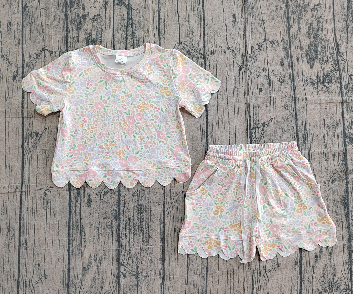 GSSO3273 Preorder Sample Baby Girl Short Sleeve Colorful Small Flowers Top Scallop Shorts Clothes Sets