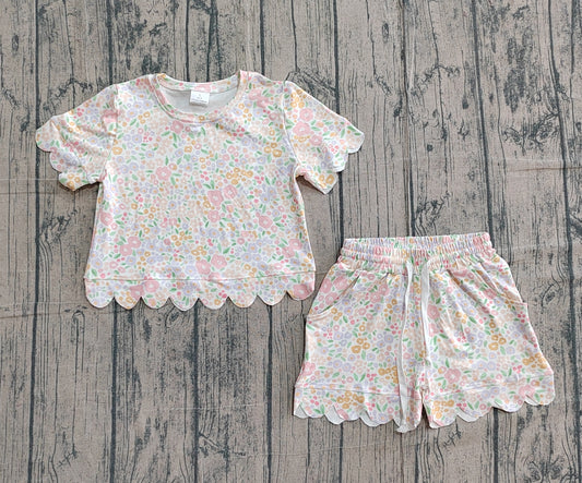 GSSO3273 Preorder Sample Baby Girl Short Sleeve Colorful Small Flowers Top Scallop Shorts Clothes Sets