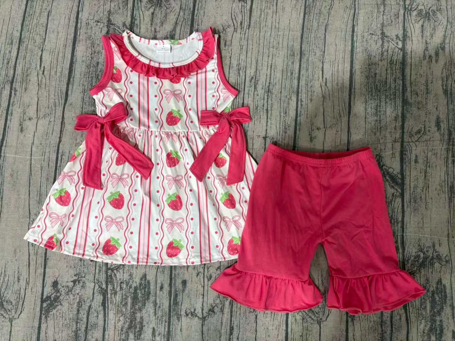 GSSO3276 Preorder Sample Baby Girl Strawberry Bows Stripe Collar Tunic Ruffle Shorts Clothes Set